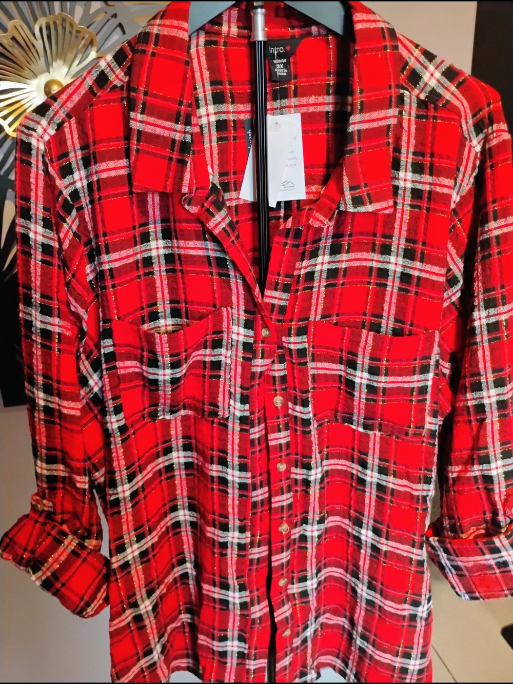 intro. Size 3X Red & Black Plaid Button-Up Shirt With Roll Tab Sleeves. NWT